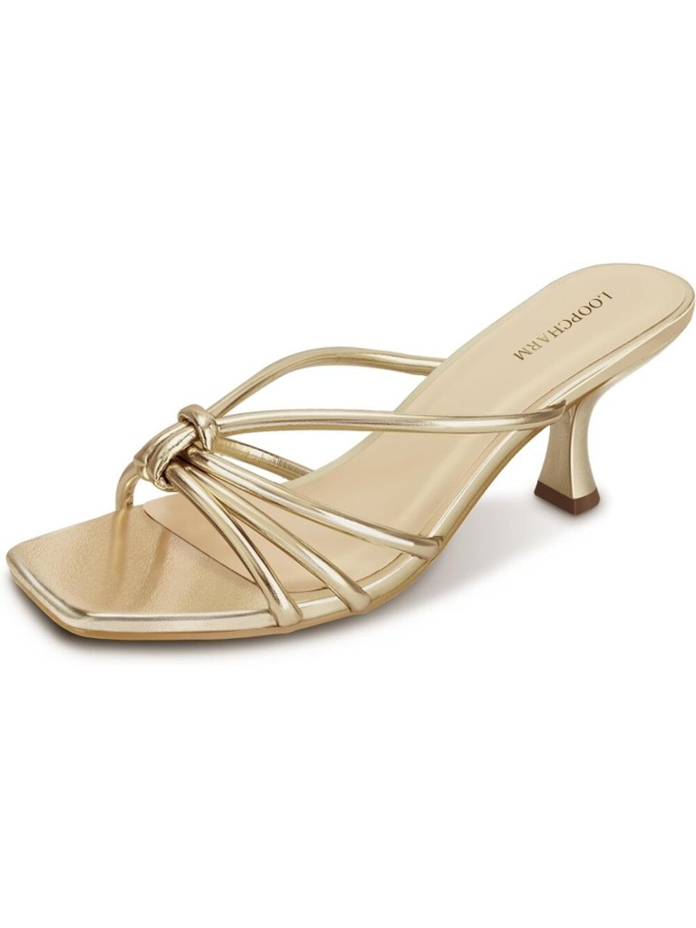 Women's Gold Pu Strappy Square Open Toe Kitten Heels Sandals Knotted Design